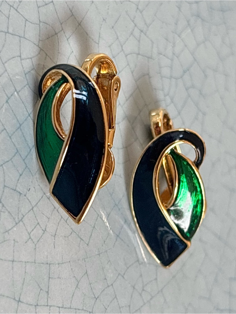 1980’s D'Orlan 22ct Gold-Plated Earrings - Green & Navy Enamel - Signed
